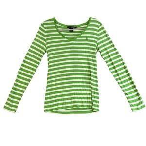 Ralph Lauren Sport Shirt Womens Large Green White Striped V Neck Long Sleeve